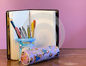 Pen stand with diary with pink background