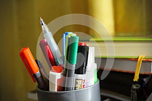 pen stand and stationary close up view