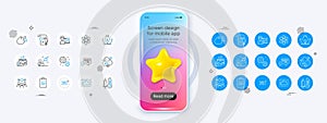 Pen tool, Music and Folate vitamin line icons. For web app, printing. Phone mockup with 3d star icon. Vector