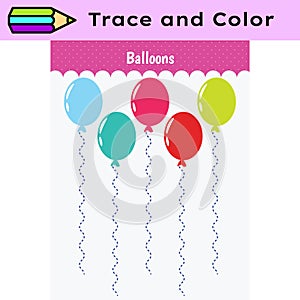 Pen tracing lines activity worksheet for children. Pencil control for kids practicing motoric skills. Balloons photo