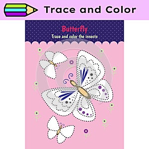 Pen tracing lines activity worksheet for children. Pencil control for kids practicing motoric skills. Butterflies