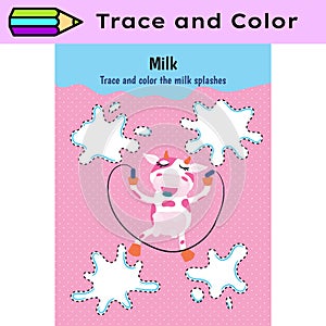 Pen tracing lines activity worksheet for children. Pencil control for kids practicing motoric skills. Cow educational
