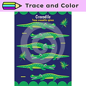 Pen tracing lines activity worksheet for children. Pencil control for kids practicing motoric skills. Crocodiles
