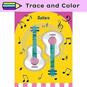 Pen tracing lines activity worksheet for children. Pencil control for kids practicing motoric skills. Guitars photo