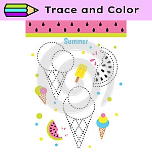 Pen tracing lines activity worksheet for children. Pencil control for kids practicing motoric skills. Ice-cream