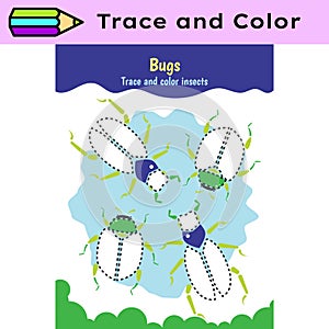 Pen tracing lines activity worksheet for children. Pencil control for kids practicing motoric skills. Insects