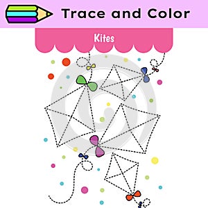 Pen tracing lines activity worksheet for children. Pencil control for kids practicing motoric skills. Kite coloring