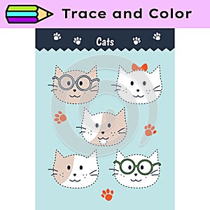 Pen tracing lines activity worksheet for children. Pencil control for kids practicing motoric skills. Kitties photo