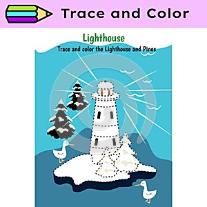 Pen tracing lines activity worksheet for children. Pencil control for kids practicing motoric skills. Lighthouse