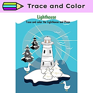 Pen tracing lines activity worksheet for children. Pencil control for kids practicing motoric skills. Lighthouse photo