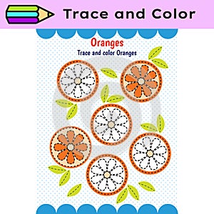 Pen tracing lines activity worksheet for children. Pencil control for kids practicing motoric skills. Oranges photo
