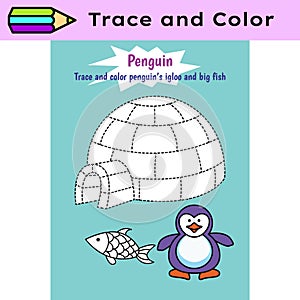 Pen tracing lines activity worksheet for children. Pencil control for kids practicing motoric skills. Penguin igloo