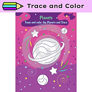 Pen tracing lines activity worksheet for children. Pencil control for kids practicing motoric skills. Planets