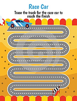 Pen tracing lines activity worksheet for children. Pencil control for kids practicing motoric skills. Racing track photo