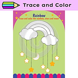 Pen tracing lines activity worksheet for children. Pencil control for kids practicing motoric skills. Rainbow photo