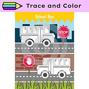 Pen tracing lines activity worksheet for children. Pencil control for kids practicing motoric skills. School bus photo