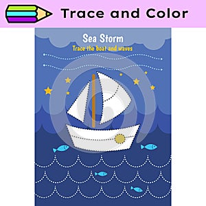 Pen tracing lines activity worksheet for children. Pencil control for kids practicing motoric skills. Sea boat photo