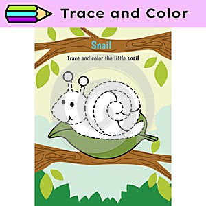 Pen tracing lines activity worksheet for children. Pencil control for kids practicing motoric skills. Snail coloring