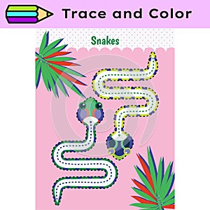 Pen tracing lines activity worksheet for children. Pencil control for kids practicing motoric skills. Snakes educational