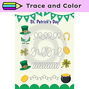 Pen tracing lines activity worksheet for children. Pencil control for kids practicing motoric skills. St Patrick Day