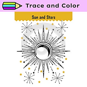 Pen tracing lines activity worksheet for children. Pencil control for kids practicing motoric skills. Sun and stars