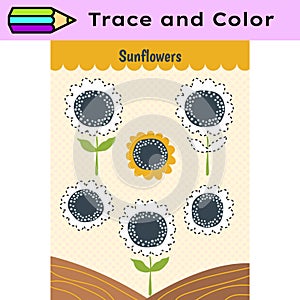 Pen tracing lines activity worksheet for children. Pencil control for kids practicing motoric skills. Sunflower