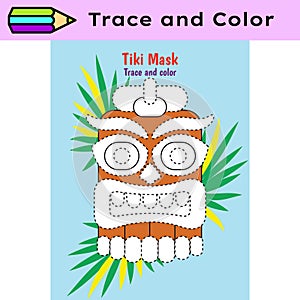 Pen tracing lines activity worksheet for children. Pencil control for kids practicing motoric skills. Tiki mask