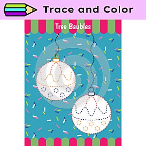 Pen tracing lines activity worksheet for children. Pencil control for kids practicing motoric skills. Tree Baubles