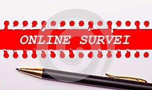 Pen and white torn paper strip on a bright red background with the text ONLINE SURVEI