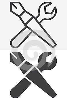 Pen and wrench line and solid vector icon set