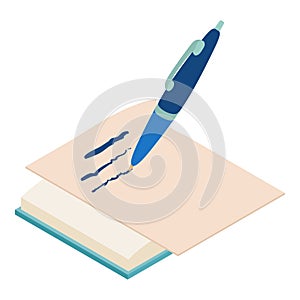 Pen writing icon isometric vector. Pen write on paper sheet on open book icon