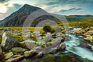 Pen yr Ole Wen and mountain stream in Snowdonia National Park Wales.