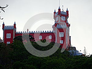 Pena Palace Pink Terrace and Clock Tower at Sintra, Portugal