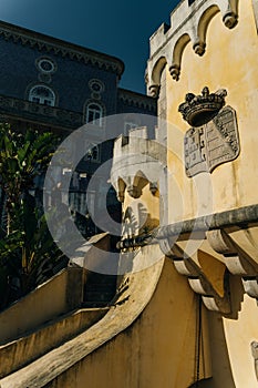 Pena Palace in Sintra, Lisbon, Portugal - dec, 2021. Famous landmark. Most beautiful castles in Europe