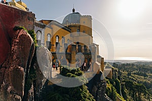 Pena Palace in Sintra, Lisbon, Portugal - dec, 2021. Famous landmark. Most beautiful castles in Europe