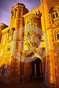 Pena Palace in Sintra, Lisbon, Portugal in the night lights. Famous landmark. Most beautiful castles in Europe