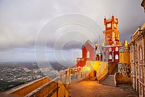 Pena Palace in Sintra, Lisbon, Portugal in the night lights. Famous landmark. Most beautiful castles in Europe