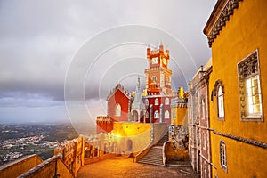 Pena Palace in Sintra, Lisbon, Portugal in the night lights. Famous landmark. Most beautiful castles in Europe