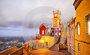 Pena Palace in Sintra, Lisbon, Portugal in the night lights. Famous landmark. Most beautiful castles in Europe