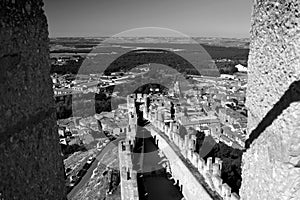 Penafiel Town, view from the top of the cliff, Castle of Penafiel, Valladolid, Spain. Medieval Castle. Black and white image