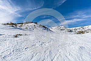 Penalara Natural Park winter scene. `Circo Glaciar` Cirque glacier covered with snow. Madrid Community, Spain photo