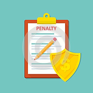 Penalty document icon with shield in a flat design. Vector illustration