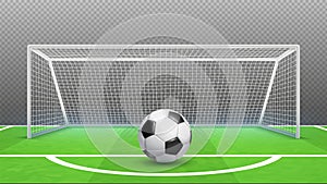 Penalty kick concept. Football vector background. Realistic soccer ball field goals isolated on transparent background