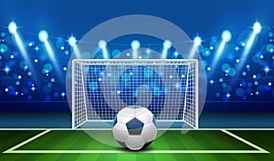 Penalty kick. Realistic soccer ball lying on grass front empty football goal, goalkeeper place, sport stadium with