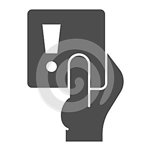 Penalty proof solid icon. Soccer or football referees hand with foul card symbol, glyph style pictogram on white