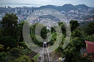 Penang, Malaysia - 17 October, 2022 : View of the furnicular railway going up Penang Hill at Ayer Itam, Penang