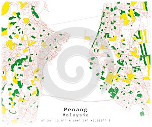 Penang,Malaysia,City centre, Urban detail Streets Roads color Map ,vector element template image