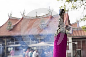 PENANG, MALAYSIA, December 19 2017: Giant pink joss sticks burning