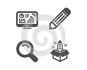 Pencil, Analytics graph and Search icons. Startup sign. Edit data, Growth report, Magnifying glass. Innovation. Vector