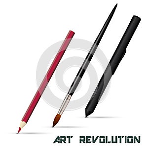 Pencil, art brush, graphic tablet stylus isolated on white background